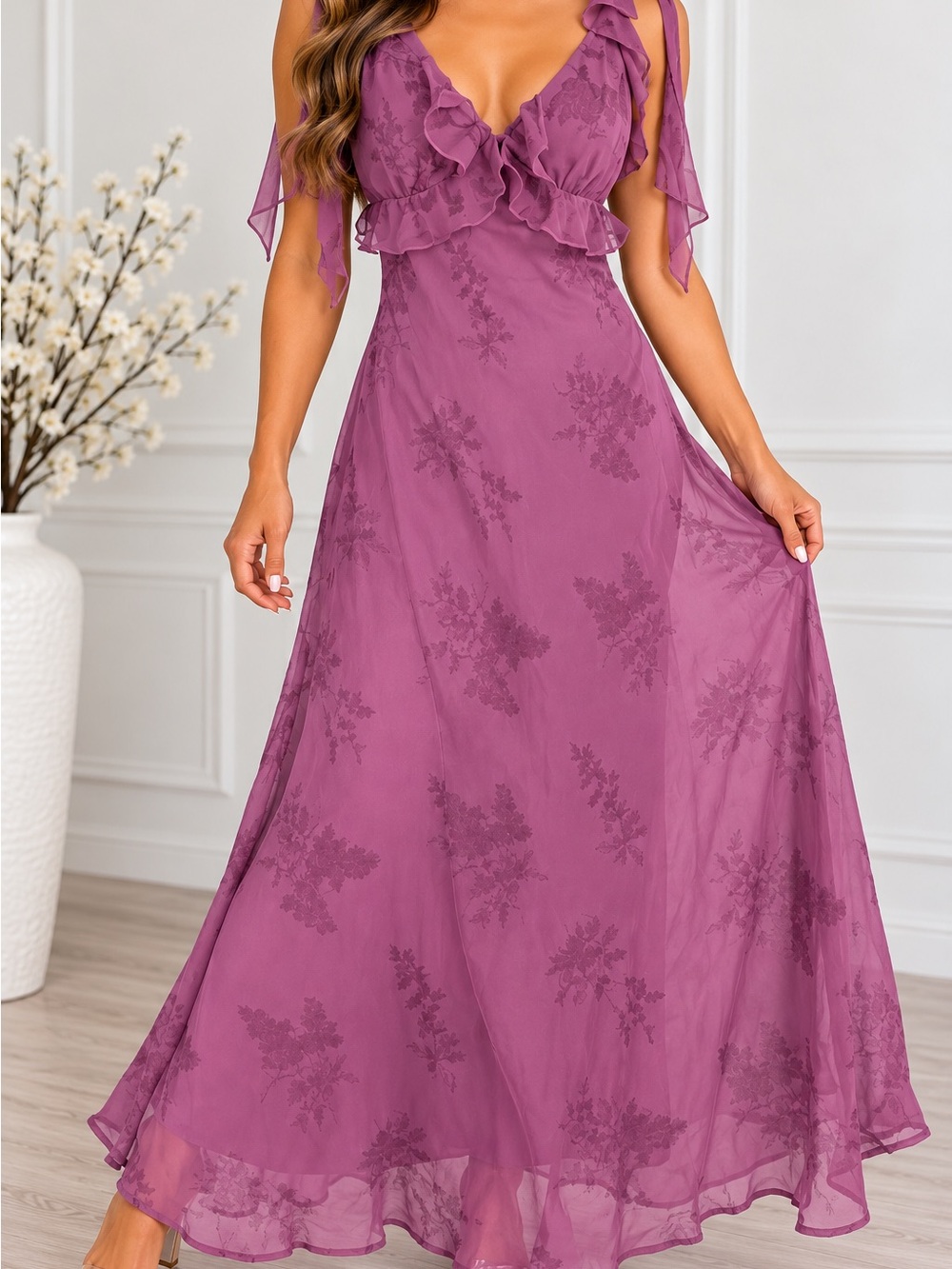 Purple Floral Ruffle Tie-Shoulder Maxi Dress – Size Small